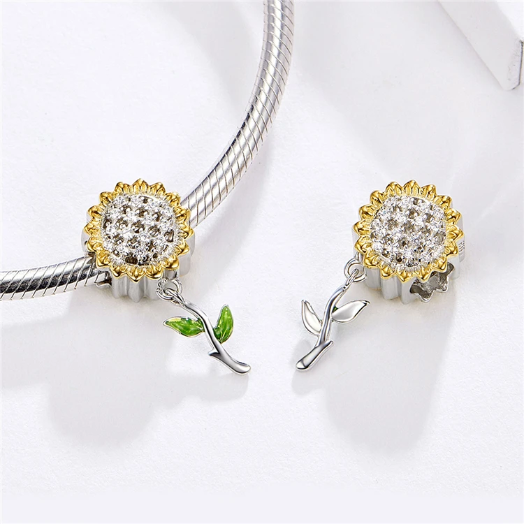 

Charm Pendants Sunflower love Charm for Women Silver Bracelet gift 925 Sterling Silver Enamel Leaf Beads DIY Jewelry Accessory