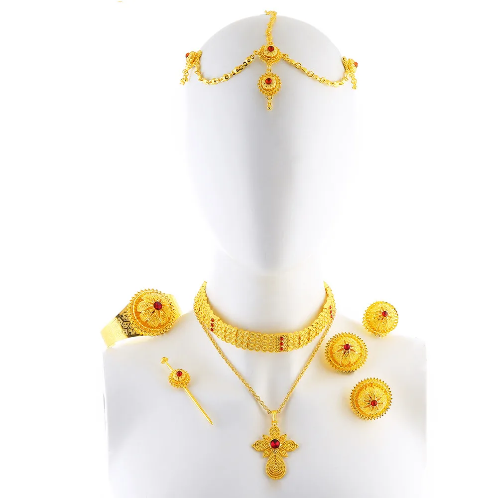 

Ethlyn Jewelry New Gold Color Luxury Ethiopian Eritrean Rhinestone Cross Pendant Wedding Choker Jewelry Sets Habesha Gifts S205