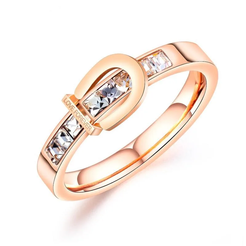 

New stainless steel zircon rose gold ring custom engraved love forever buckle design lady ring, As photo or customized