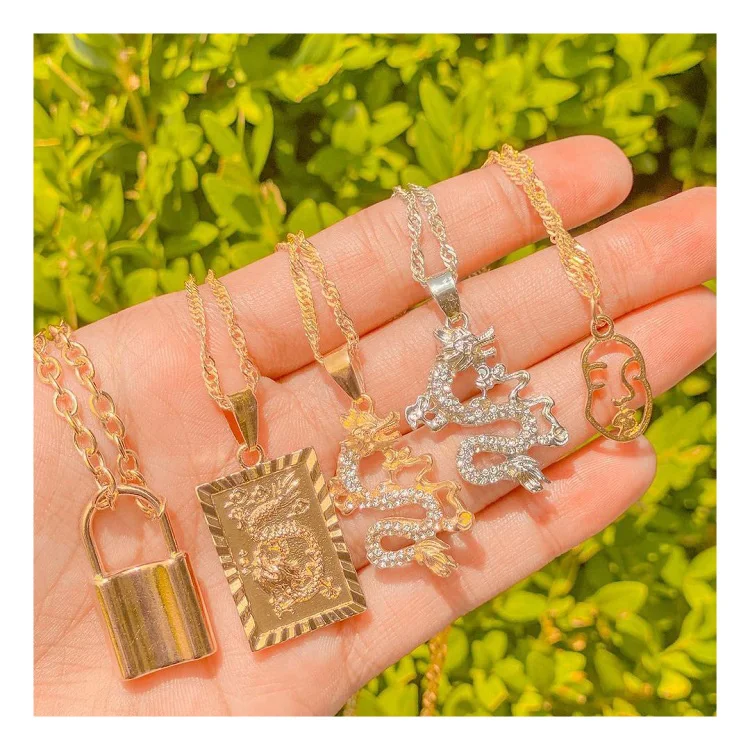 

Hip hop men women 18K Gold Plated lock face dragon pendant necklace