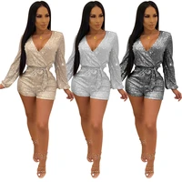 

1019M417 wholesale sexy v neck long sleeve belt sequin Rompers Womens Casual Jumpsuit 2020 women jumpsuit 2020