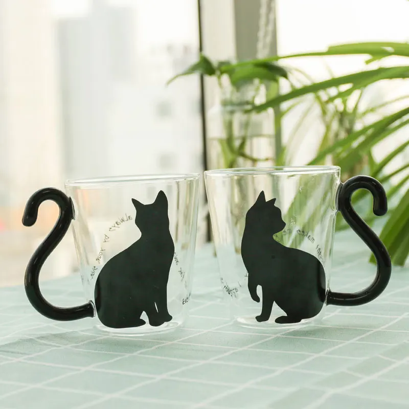 

hot sale reusable cute cat drinking coffee cup custom glass cup with handle