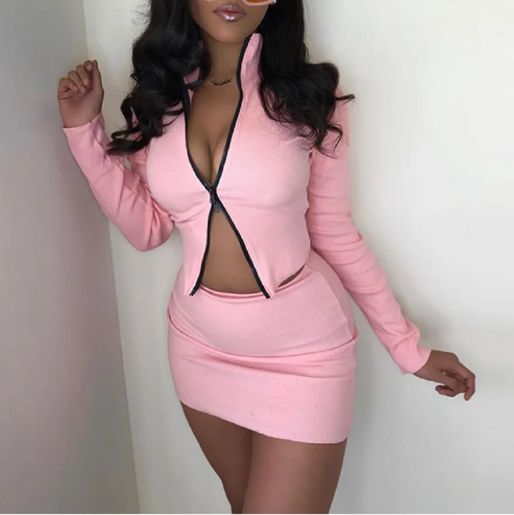

Sexy 2 Piece Sets Womens Club Outfits Pink Rib Double Zip Long Sleeve Crop Top Skirt Matching Sets Fall Long sleeve short suit
