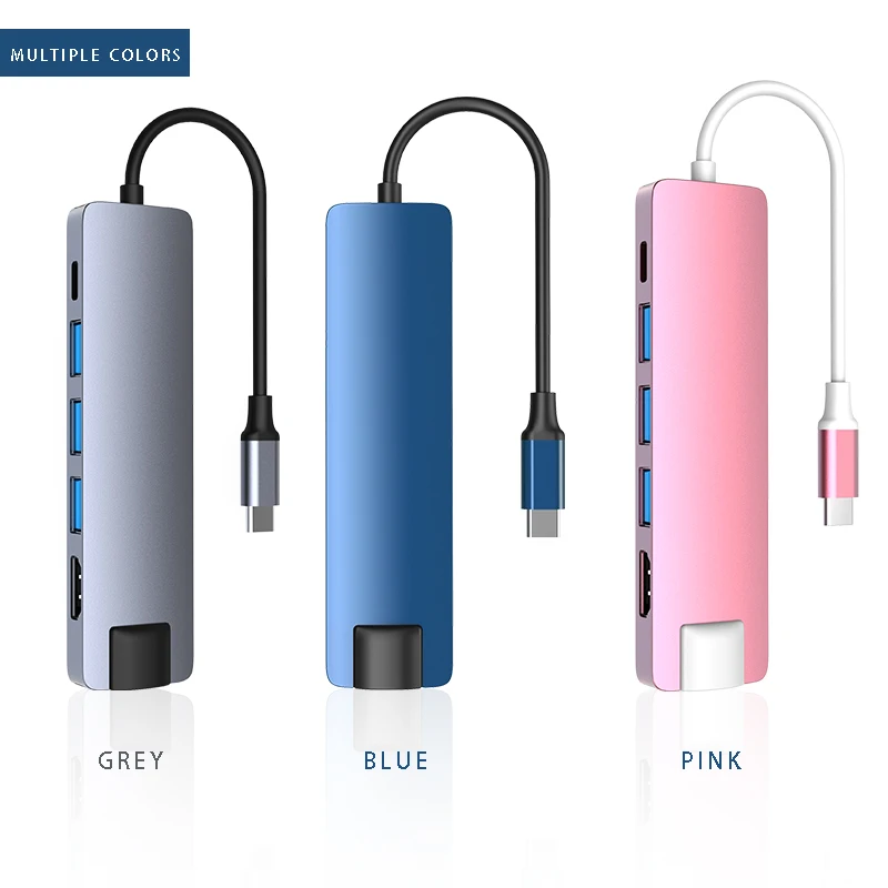 

Airkey HC-13L 6 in 1 hub adapter usb3.0 with Rj45 PD fast charging for macbook, Grey,blue,pink