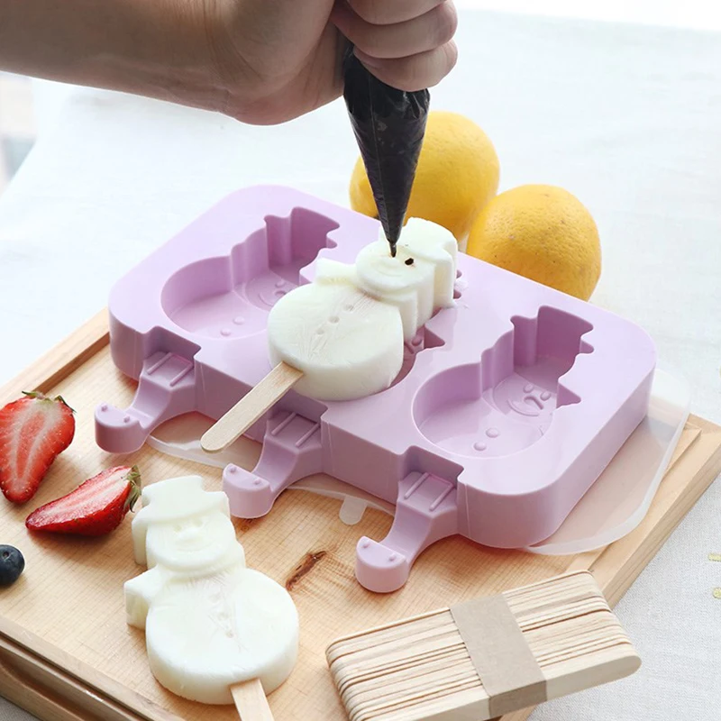 

Food Grade 4 Cavities Various shapes Ice Popsicle Molds Maker Reusable Ice Cream Mold Silicone Popsicle Ice Cream Mold Tray, Christmas tree/oval/snowman/stripe/lollipop/oval/paw/feet