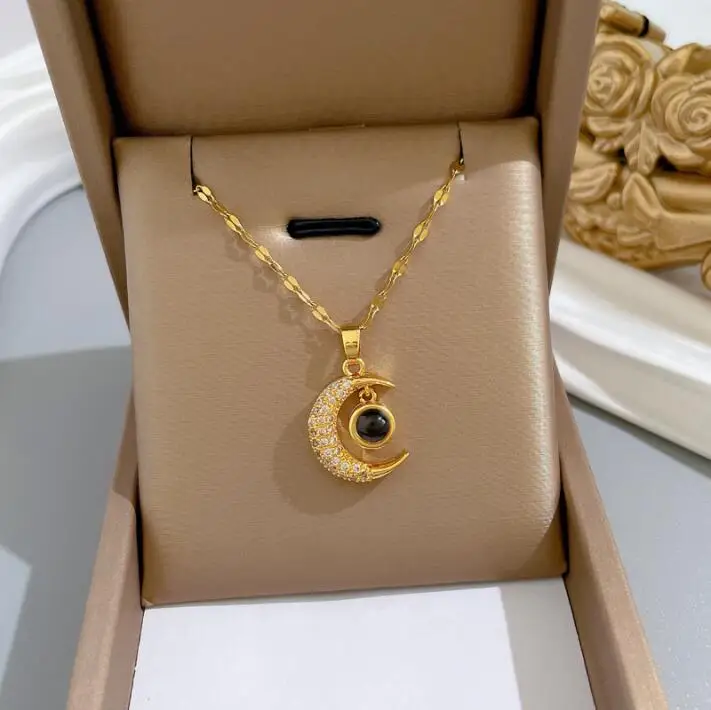 

Gold Plated moon Necklace for Women 2023 Jewelry stainless steel crystal Zircon Pendant clavicle Necklace Luxury Choker Korean