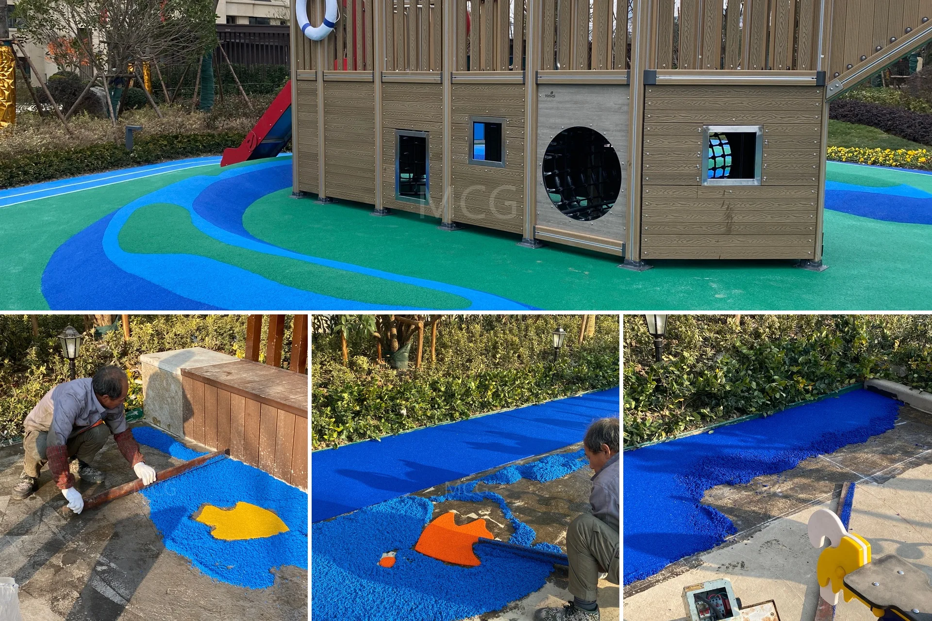 EPDM playground installation site collage — before and after