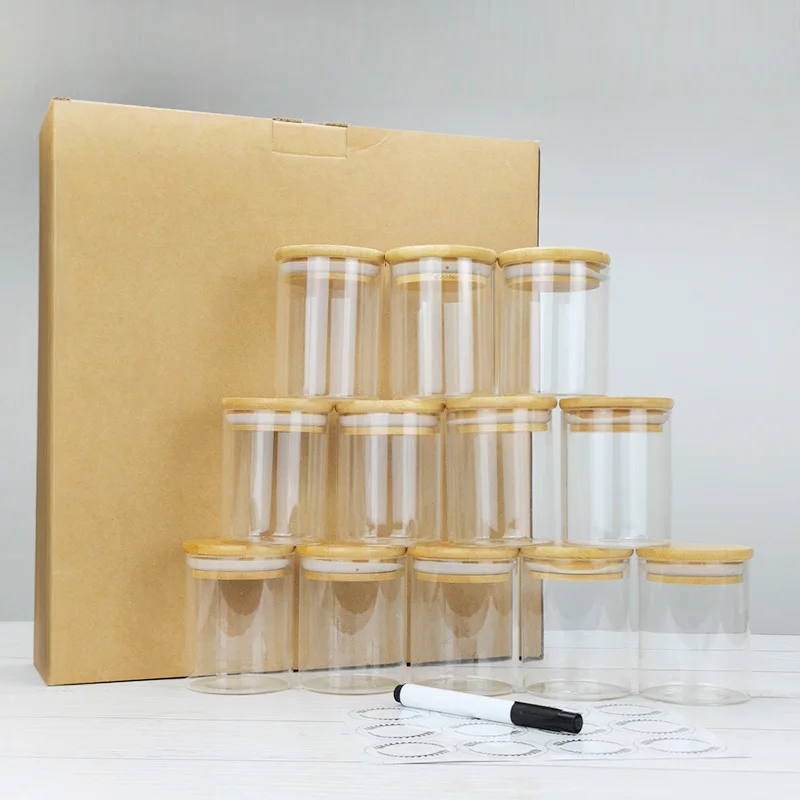 

Home kitchen storage jar set 12pcs of glass spice jar with bamboo lid, Natural