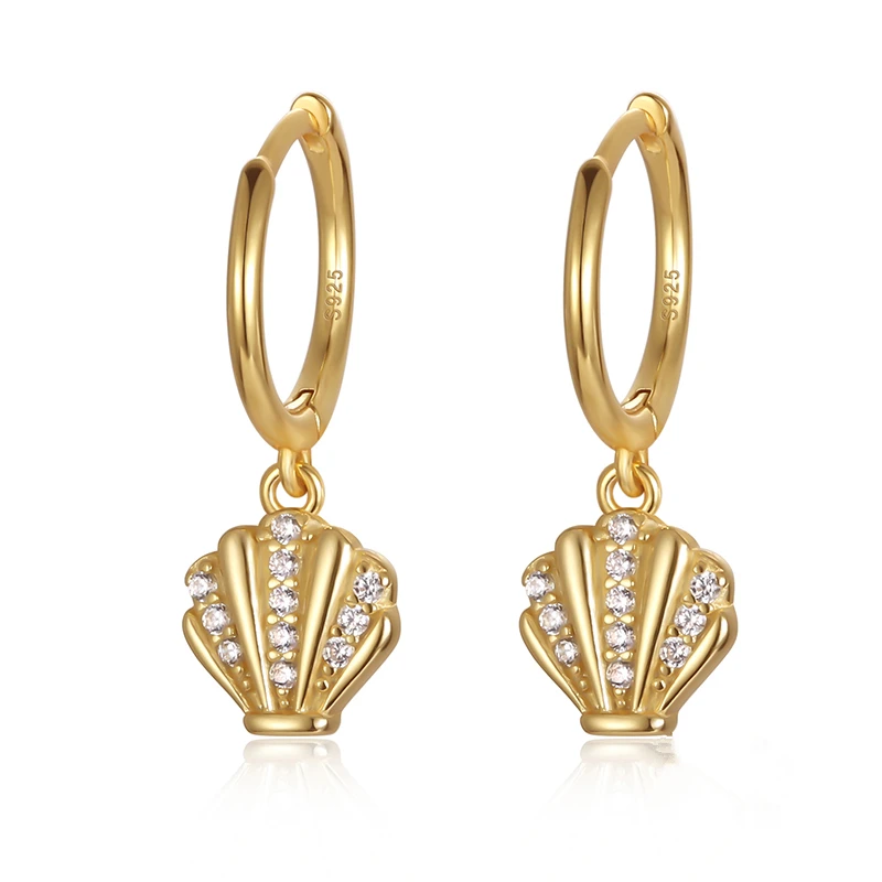 Fashion Summer Earrings Jewelry 925 Sterling Silver Sea Shell Drop Earrings with Small Diamond Gold Plated Hoop Earrings Women