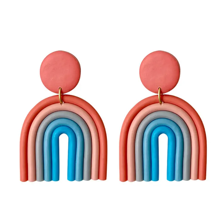 

SC Rainbow Color Fashion Polymer Clay Earrings Handmade Bohemian U Shaped Rainbow Clay Dangle Drop Earrings for Women 2021