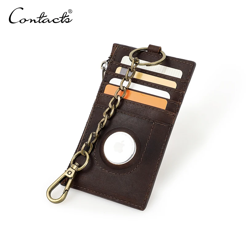 

Slim Minimalist Front Pocket Keychain Genuine Leather RFID Airtag Wallet Card Holder with Built-in Case Holder for AirTag, Coffee or customizable