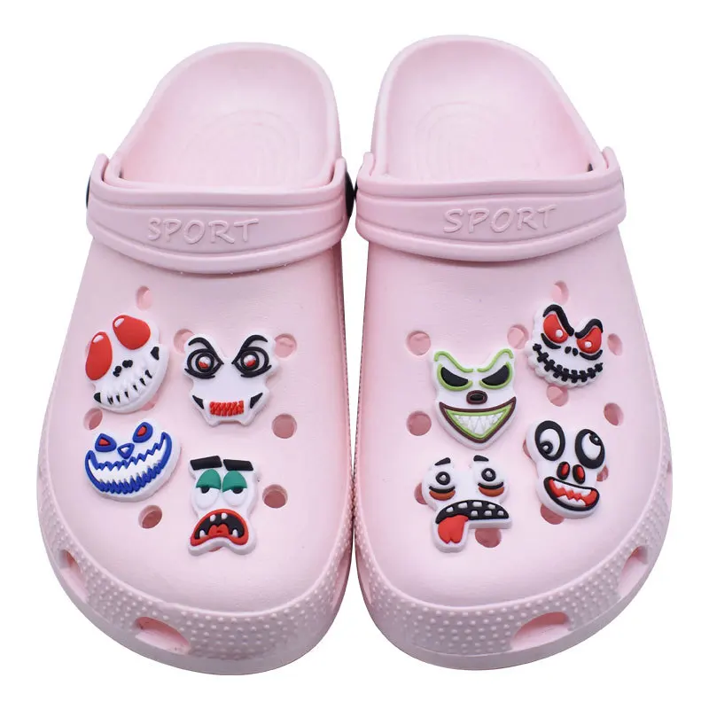 

100pcs+ Hot selling whosale Customized Design Halloween skull clog Fashion PVC soft Shoe croc Charms Accessories grimace, As picture