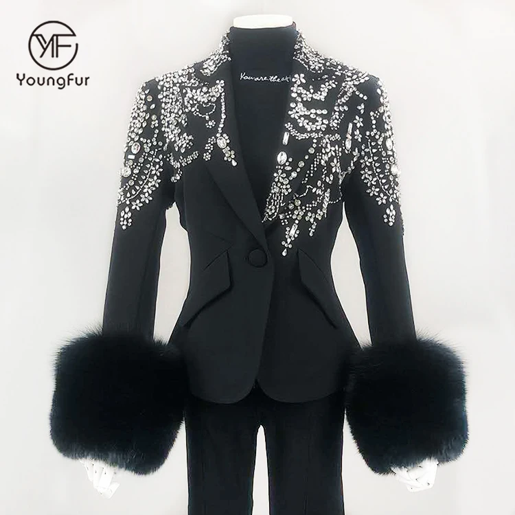 

Winter Lady Fox Fur Suits New Design Latest Custom Women Suit Jacket With Faux Diamond, Customized color