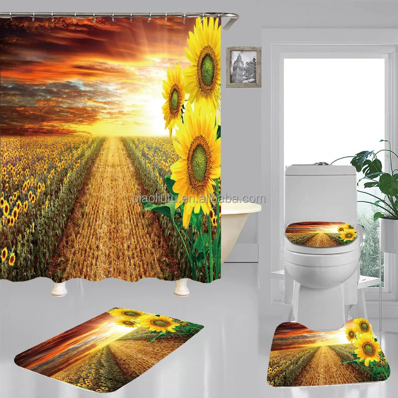 

3D Sunflower Floral Bathroom Shower Curtain Custom Printed Logo 4PCS Shower Curtain Waterproof with Bath Mats Set for Bathroom