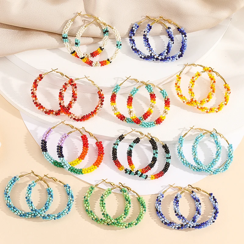 

Hot Sale Boho Stainless Steel Handmade Miyuki Rainbow Seed Bead Hoop Earrings For Wedding