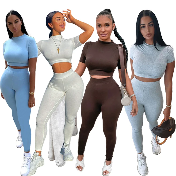 

2021 New Solid Color Short T Shirt Hip Up Yoga Pants Two Piece cotton Sports Legging Fitness Set Women's Wear