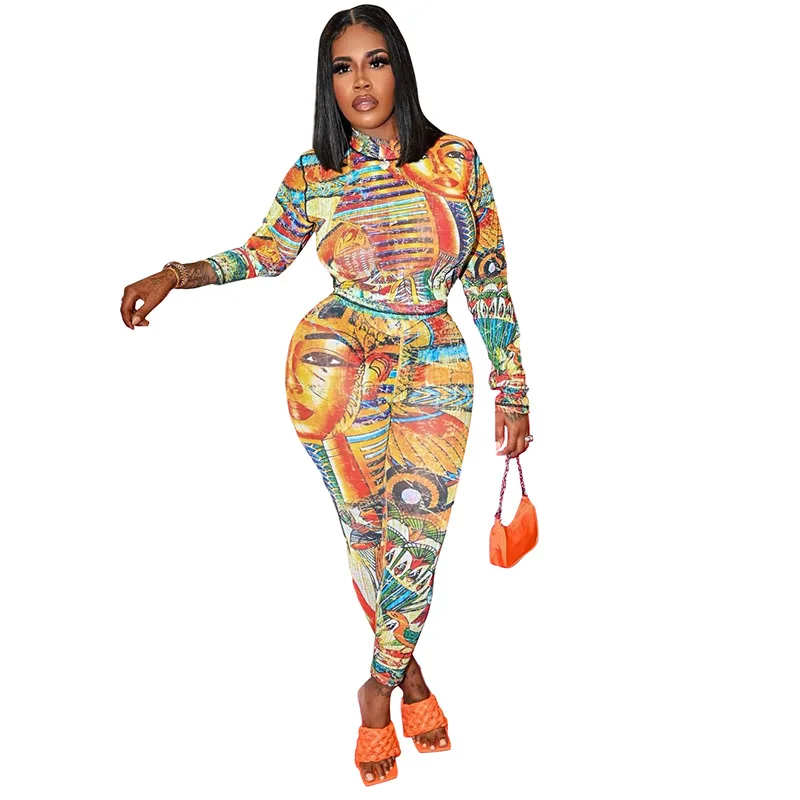 

Aesthetic Print Vintage Active Wear Skinny Jumpsuits Long Sleeve Women Casual Fashion 2020 Autumn One Piece Jumpsuit, Printed