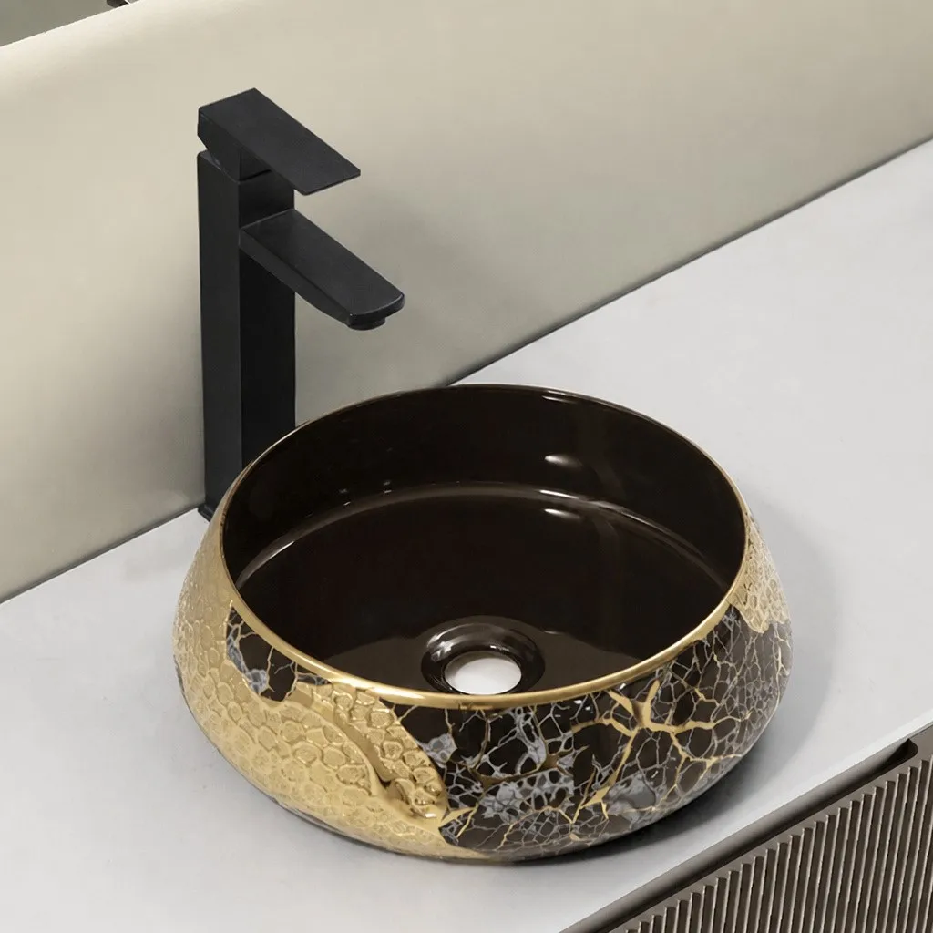 black-and-gold-bathroom-sink-9755A-E-398-compact-round-vessel-basin-embossed-honeycomb-gold-crackle-black-glaze-matte-black-faucet