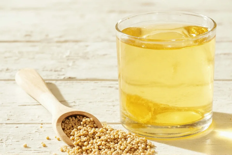 Close-up of golden fenugreek seeds soaking in clear glass jar of water with morning light