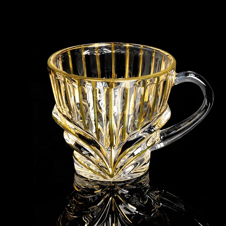 

WHOLESALE 190ML GOLDEN LINE GLASS TEA CUP SAUCER SET WITH HANDLE, Gold