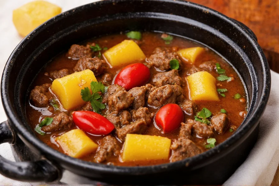 Traditional Trinidadian pepper pot soup in black clay pot showing beef chunks, cassava pieces, and whole Scotch bonnet peppers