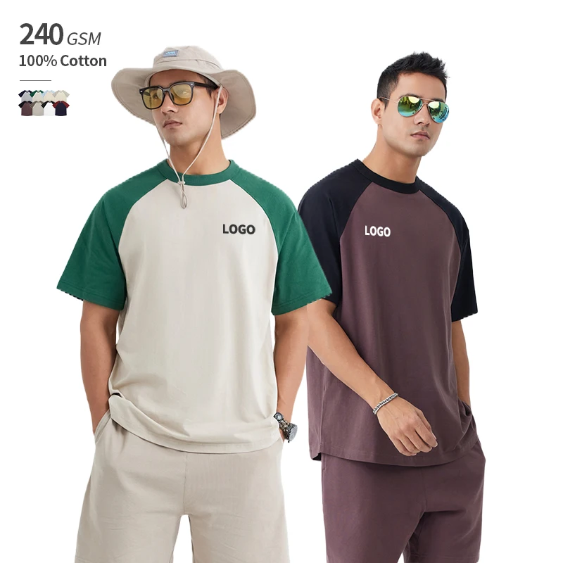 240 GSM 100% Cotton Curved Hem Backseam Raglan Secondary Color OEM Custom Print Crewneck Tshirt for Men Wholesale Best Quality