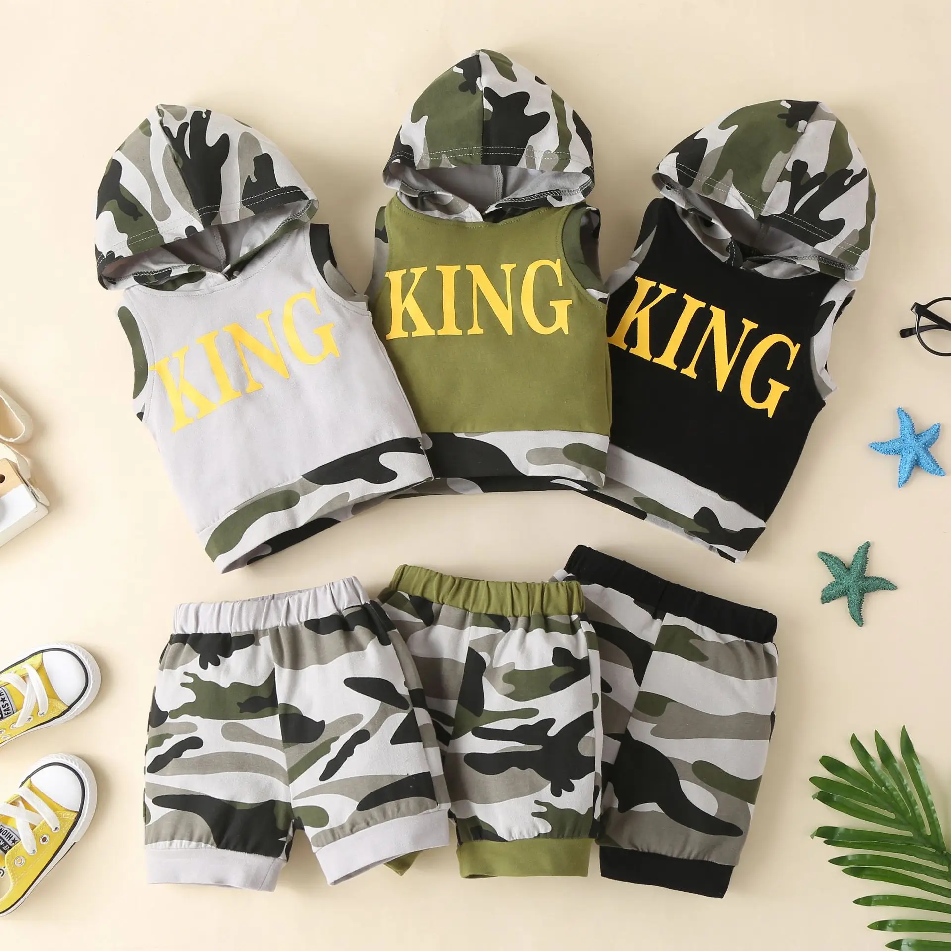 

2pcs Infant Baby Boy Clothes Sleeveless Hooded Vest Top + Short Pants Camouflage Outfits Sets for summer, As image shown