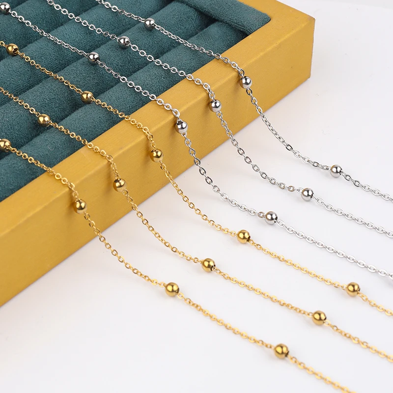 

New arrive 1.5mm chain 4mm bead cadena de acero inoxidable Stainless steel chain flat cross bead chain necklace, Gold,steel
