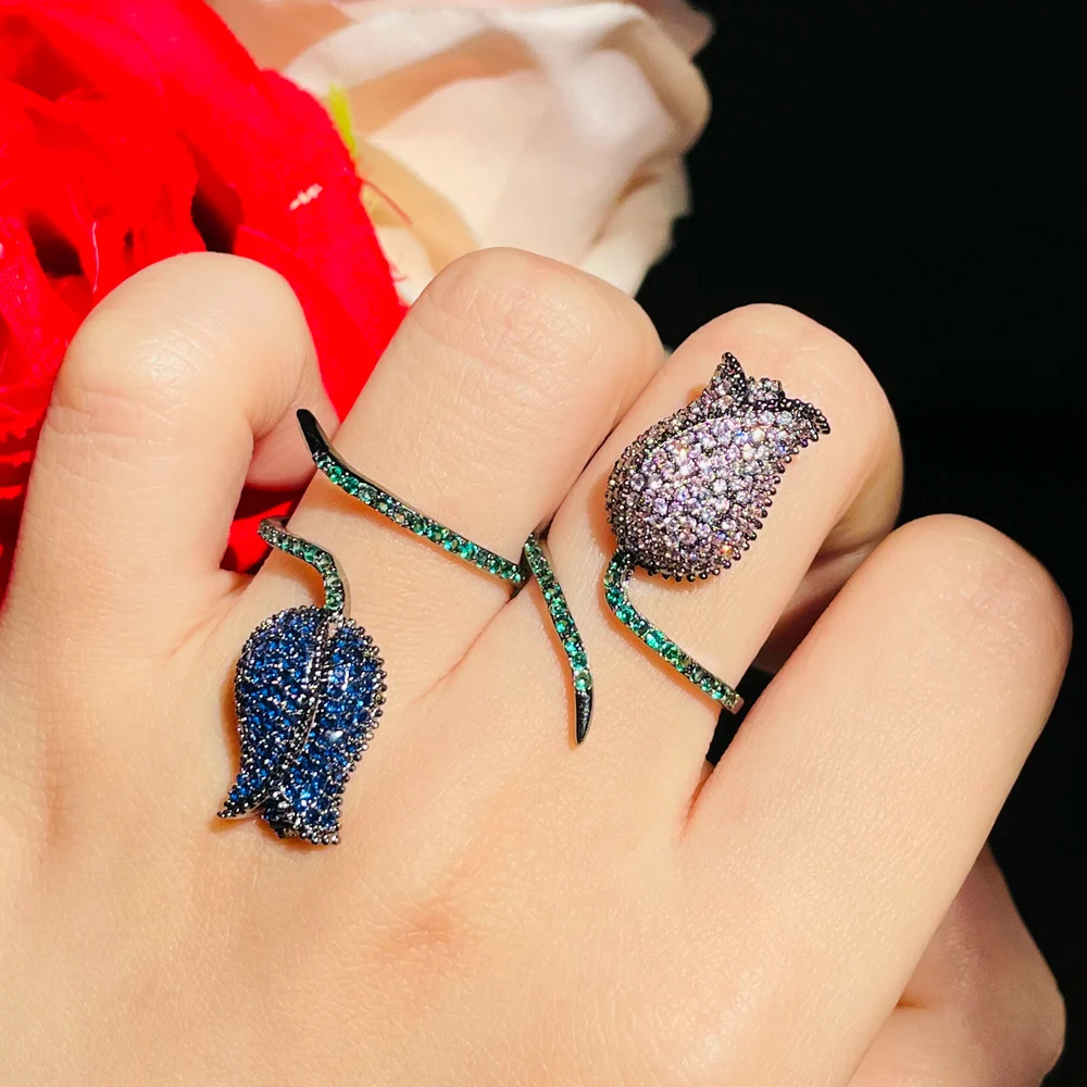 

Black Gun Plated Pink CZ Cubic Zircon Lovely Royal Blue Rose Flower Engagement Open Ring for Ladies Party Wear Accessories