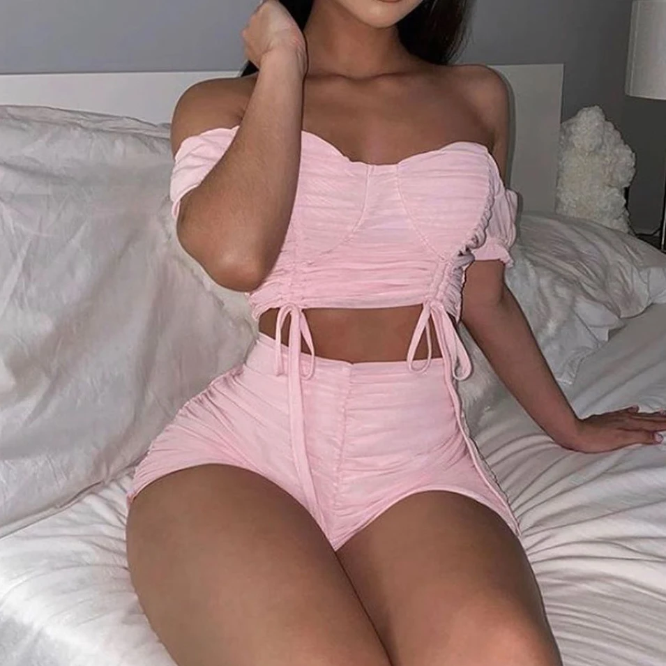 

FS2162D women short sleeve tops and shorts Two Piece Sets mesh Clothing