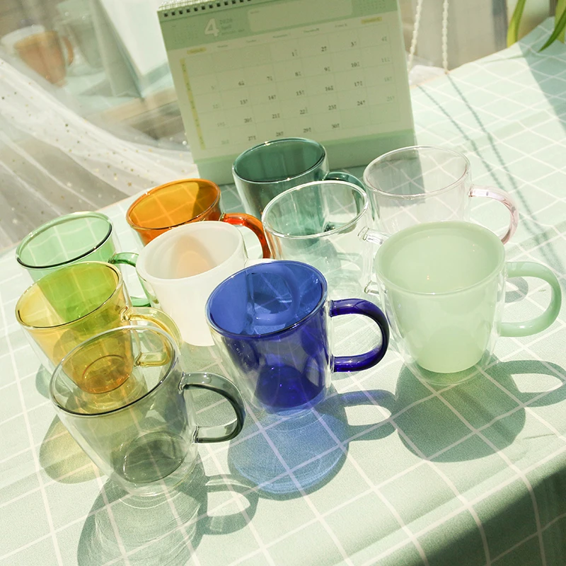 

Custom Double Wall Borosilicate drinking water Glass Tea coffee cup, Pink,amber,jade green,light topaz,mint green,ect.