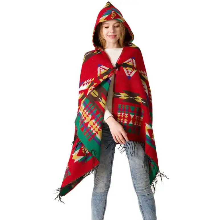 

Bohemian Cape Cloak Collar Plaid Hooded Blanket Cape Cloak Poncho Fashion Women Wool Blend Cloaks Winter Outwear Shawl Scarf