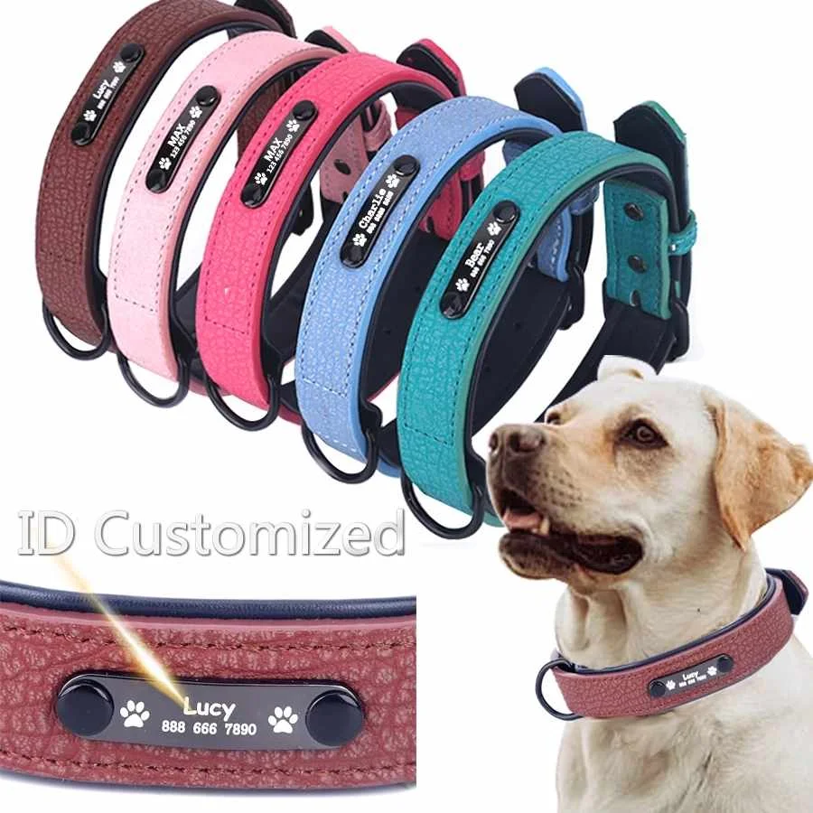 

Personalized Dog Collars adjustable Soft Leather Custom Name ID Tags For puppy Pet Accessories
