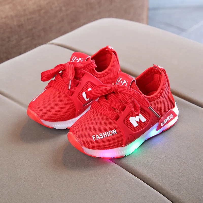 

Wholesale Breathable Red Mesh Light Up Luminous Kids Baby Lighting Casual LED Shoes For Children, White red black pink