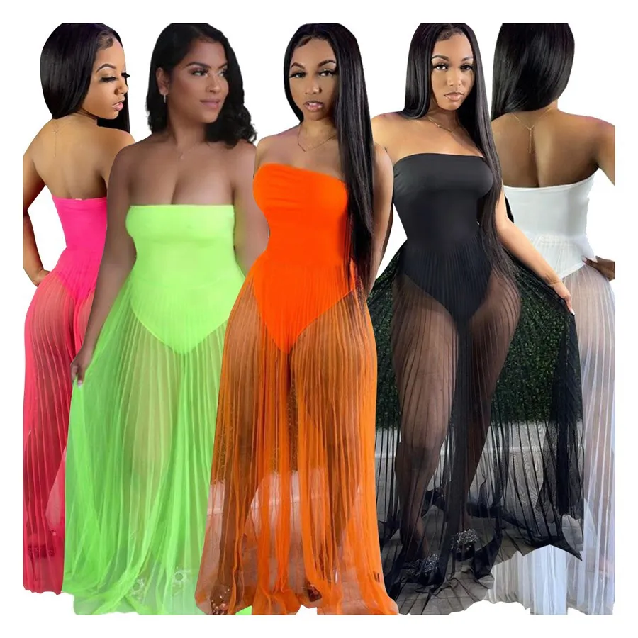 

Foma Q21S854 women sexy strapless off shoulder mesh see-through jumpsuit night club dresses summer long pleated dress, 5 colors