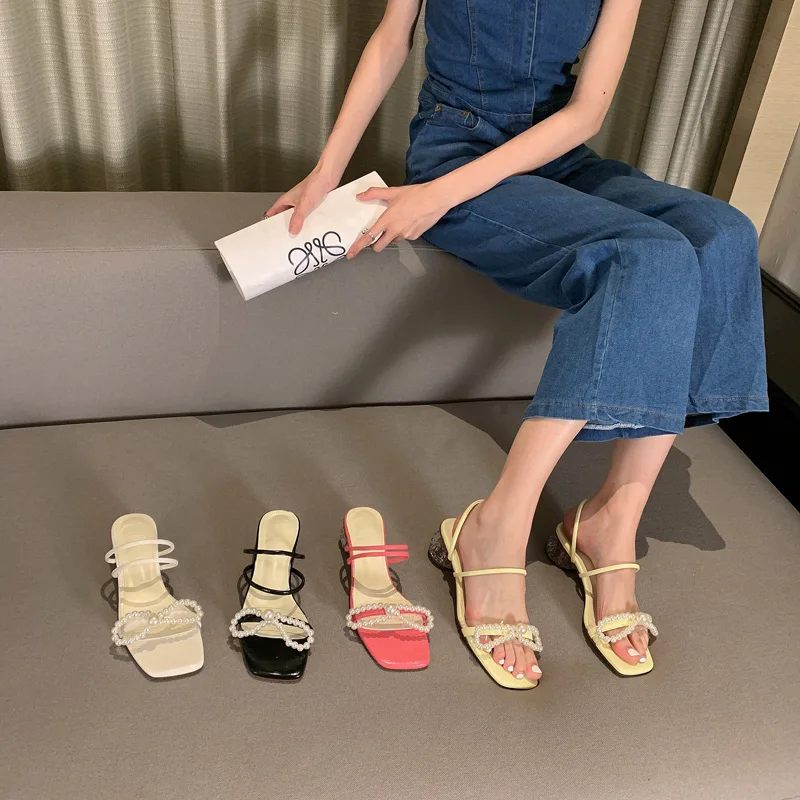 

113211 Brand shoes modern women summer fashion slip on slingback sandals pearl embellished lady sliders clear perspex heel mules