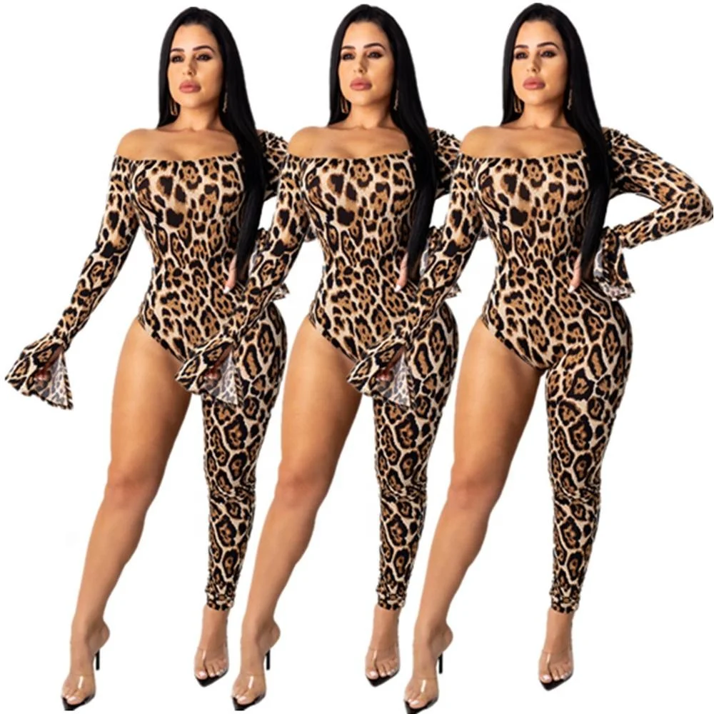 

B51219A Autumn hot style women sexy off collar leopard fashion jumpsuit