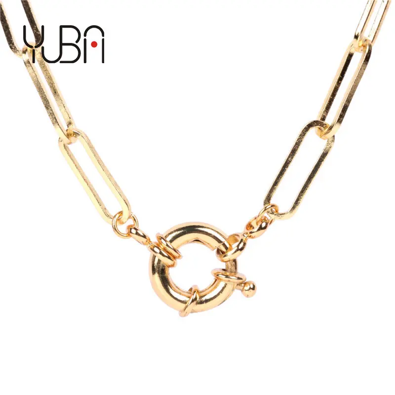 

New Arrival Gold Tone Crossed Knot Ring Pendant Necklace Vacuum Plating Brass Rectangle Linked Circle Loop Necklace