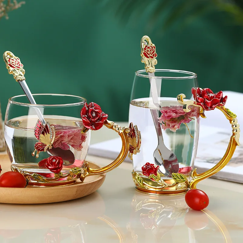 

glass tea separating cups office tea Rose cup water mugs enamel tea mug with metal handle, Small tea cup glass