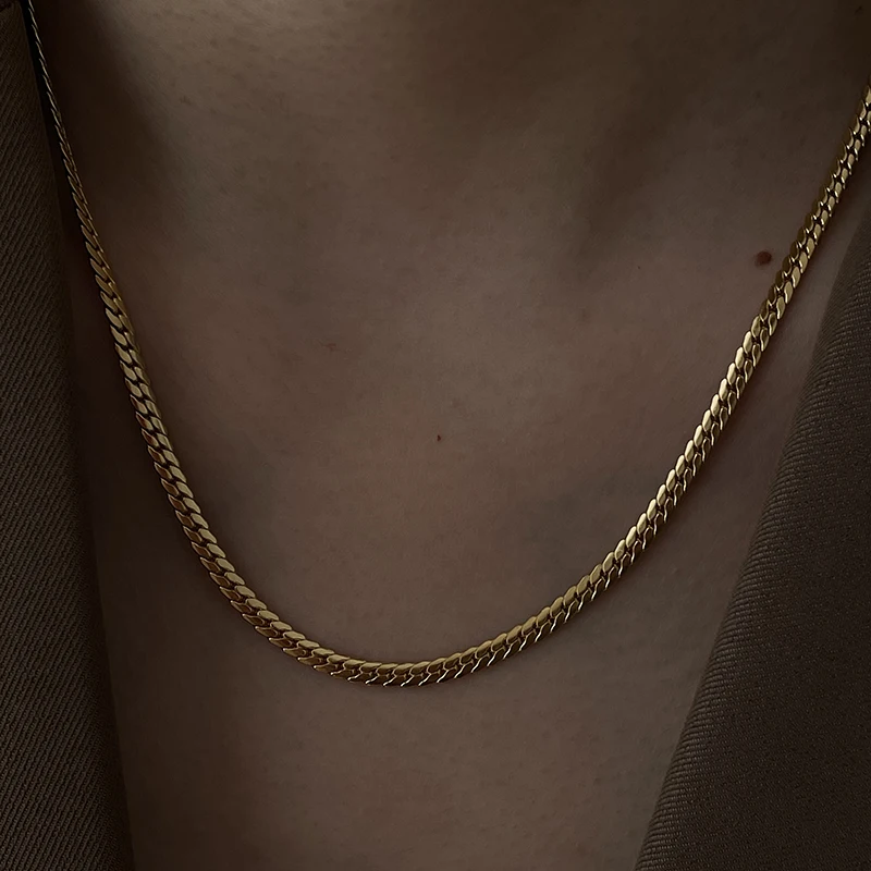 

3.5mm Thin Flat Cuban Link Chain Necklaces 18K Gold Plated Choker Necklace French Vintage Minimalist Stainless Steel Jewelry Hot