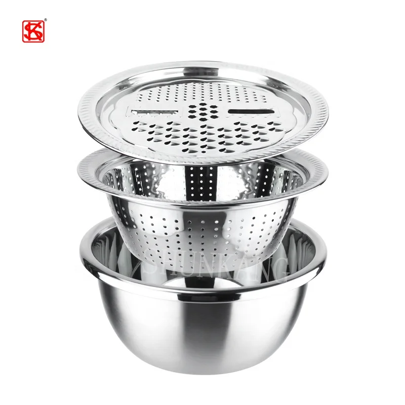 

Most popular multifunctional stainless steel colander basin grater strainer mixing bowls basket vegetable cutter colander set, Silver