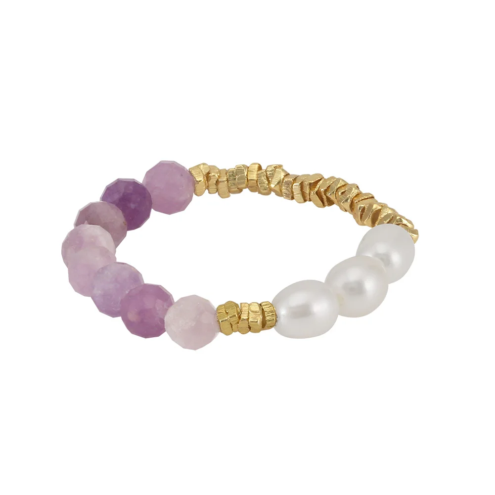 MPR03 Stretch Natural Freshwater Pearl Purple Mica Rings with 14k Gold Plated Beaded Adjustable Stackable Rings for Women Girls