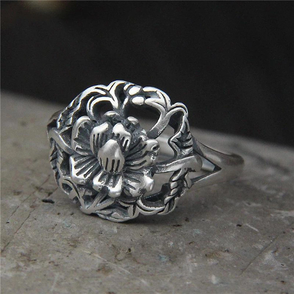 

990 Sterling Silver Large Peony Flowers Rings For Women Chinese Style Literature Art Ring Vintage Thai Silver Rings Resizable