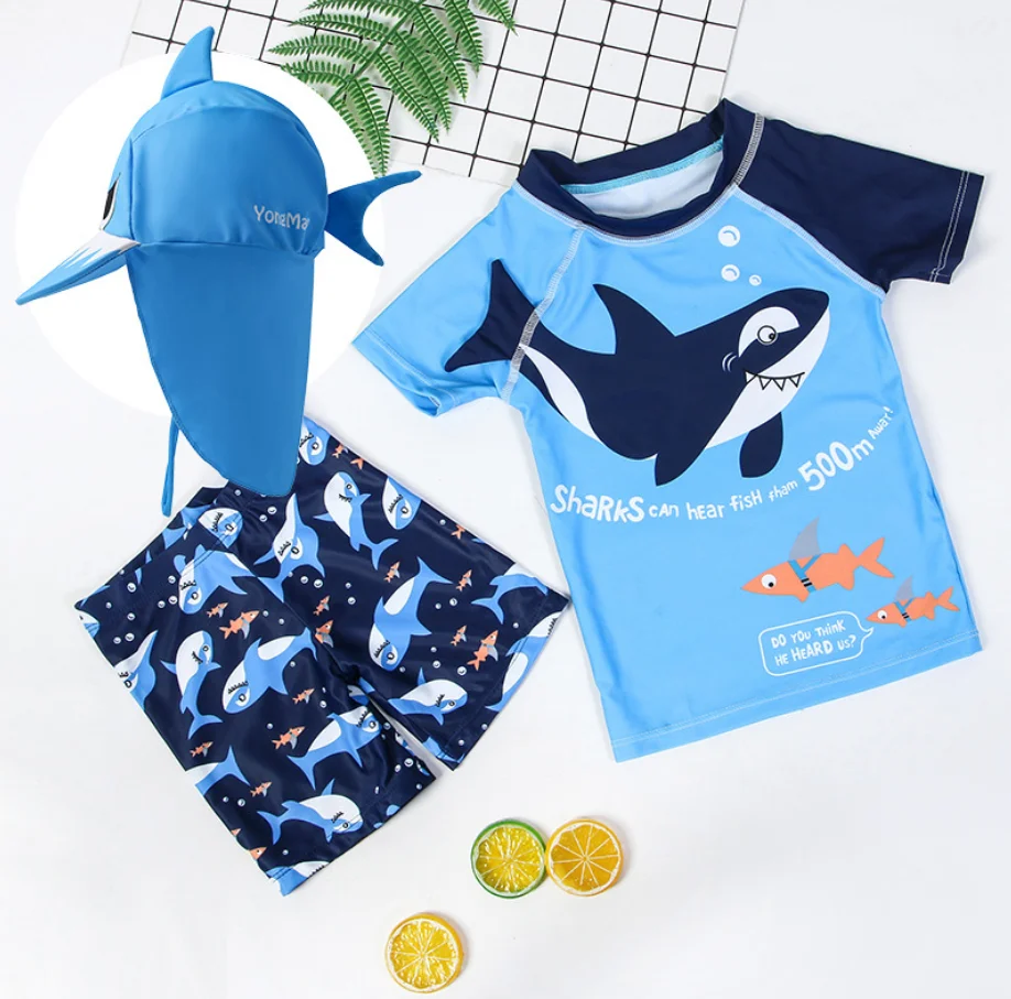 

Baby Toddler Boy Two Piece Swimsuit Set Shark Bathing Suit Swimwear with Hat for Kids Boys, As pic