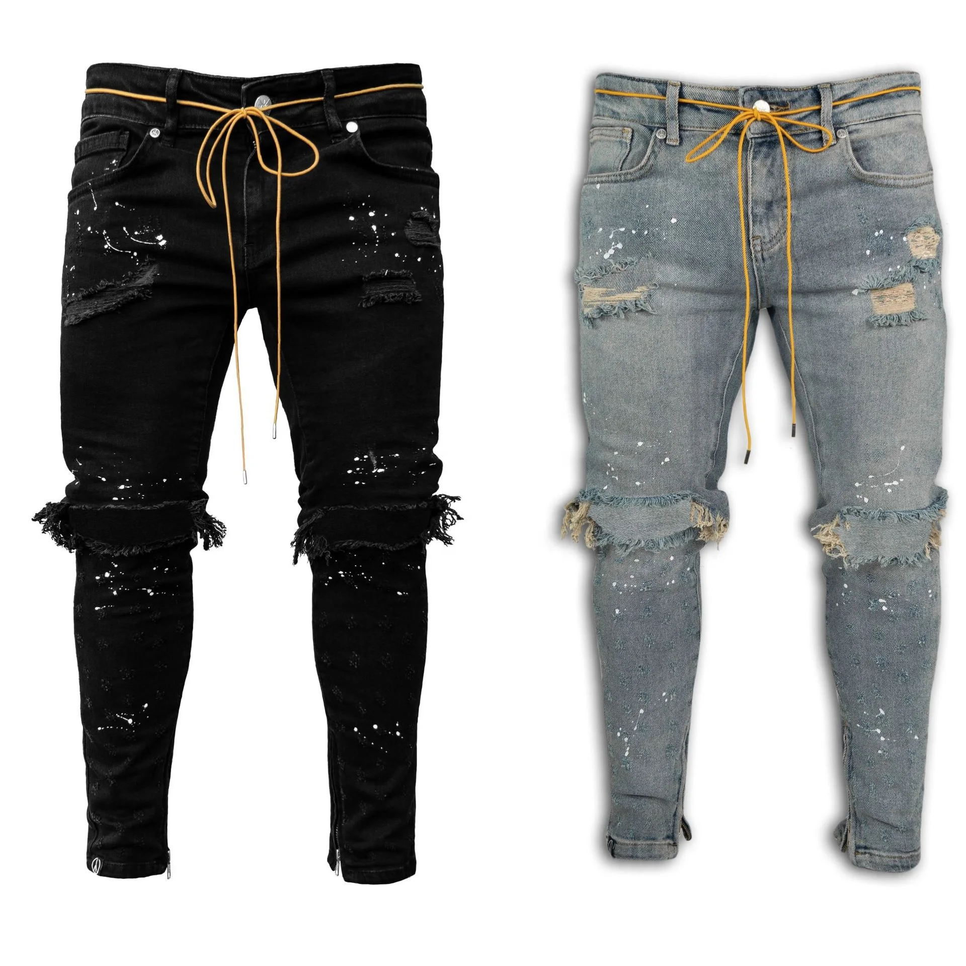 

Factory Wholesale Fashion Blue Black Paint Skinny Ripped Denim Jeans Men
