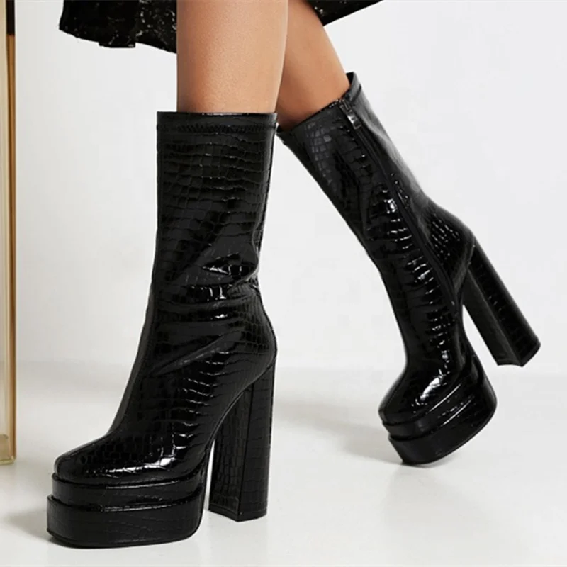 

2021 Popular Double Layers Platform Shoes Ankle Boots Stone Print Handmade Women's Short Booty Black Leather Big Size 43