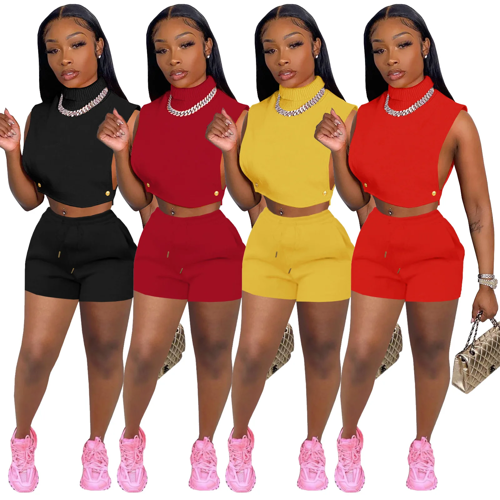 

Custom Logo 2022 Spring New Arrivals Turtleneck 2pc Short Sets Hollow Out 2 Piece Set Women Sleeveless Summer Sets Two Piece