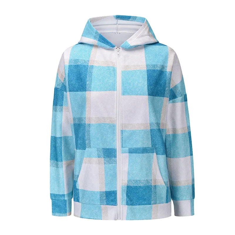 

hot selling ladies plaid tops with Hoodie Custom Long Sleeve jacket for Women Autumn and winter jacket coat