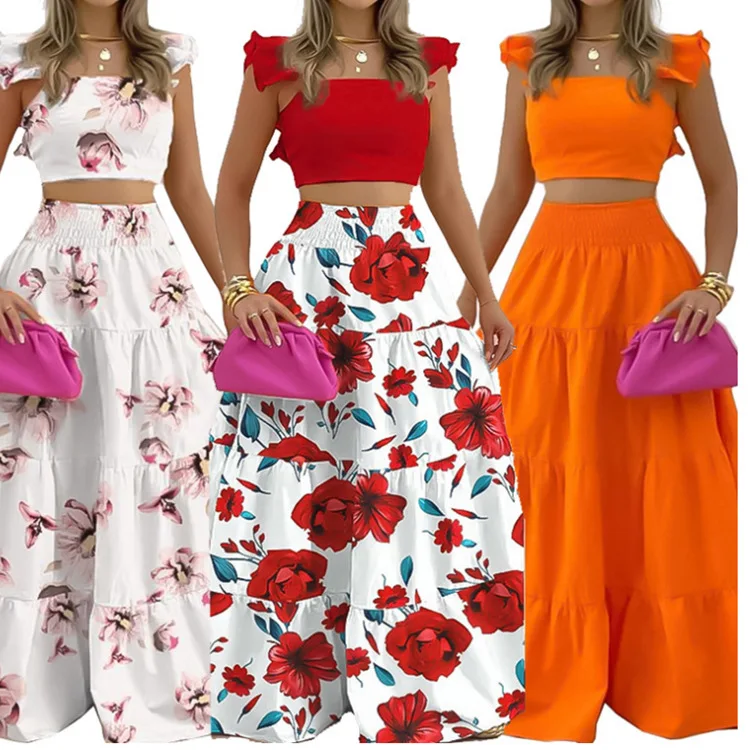 

2024 Women's Summer Sexy Dress Set Ladies Elegant Floral Print Two Piece Dress Set New Outfits Clothes