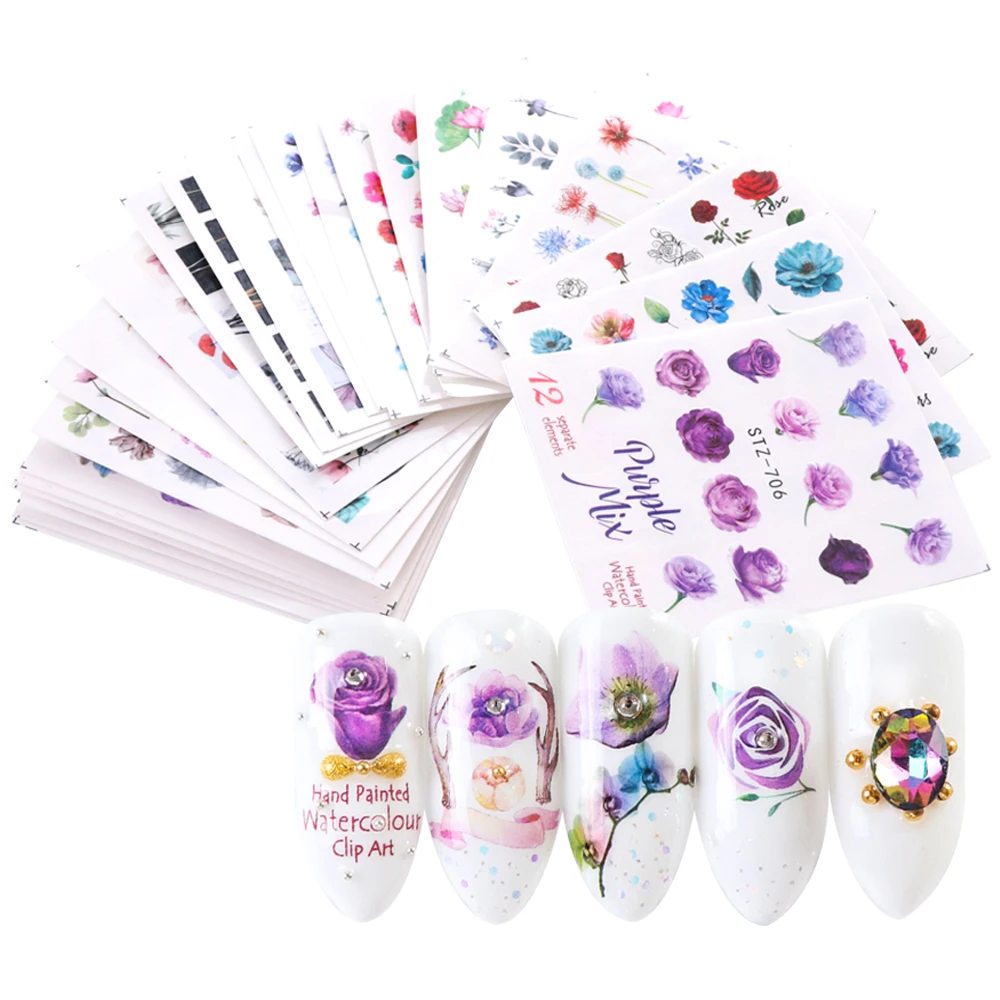 

Color rose water transfer printing nail sticker flowers cute static korean nail sticker, Colorful